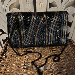 NWOT! CARLA MARCHI BLUE SILVER & GOLD BEADED & BLACK ELEGANT SATIN EVENING BAG